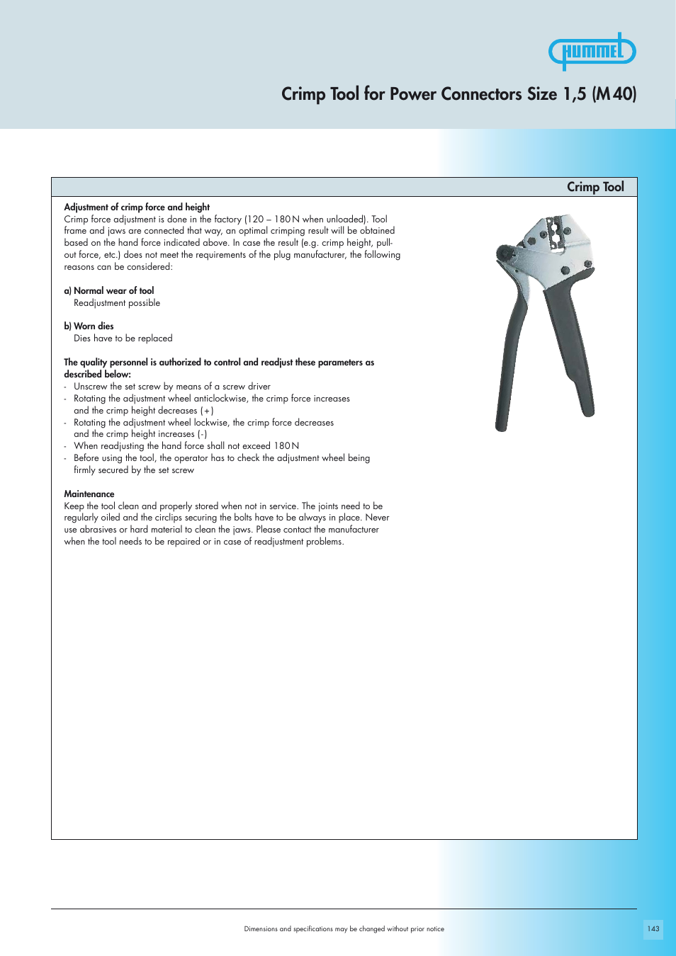 Crimp tool for power connectors size 1,5 (m 40), Crimp tool | Northern Connectors Hummel M40 Circular Power Connectors User Manual | Page 15 / 20