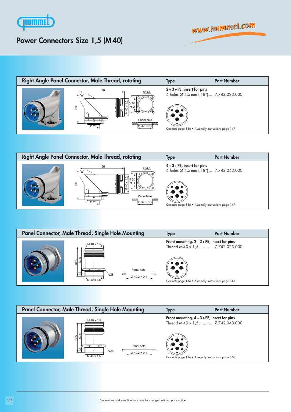 Power connectors size 1,5 (m 40), Panel connector, male thread, single hole mounting, Right angle panel connector, male thread, rotating | Type part number | Northern Connectors Hummel M40 Circular Power Connectors User Manual | Page 6 / 20