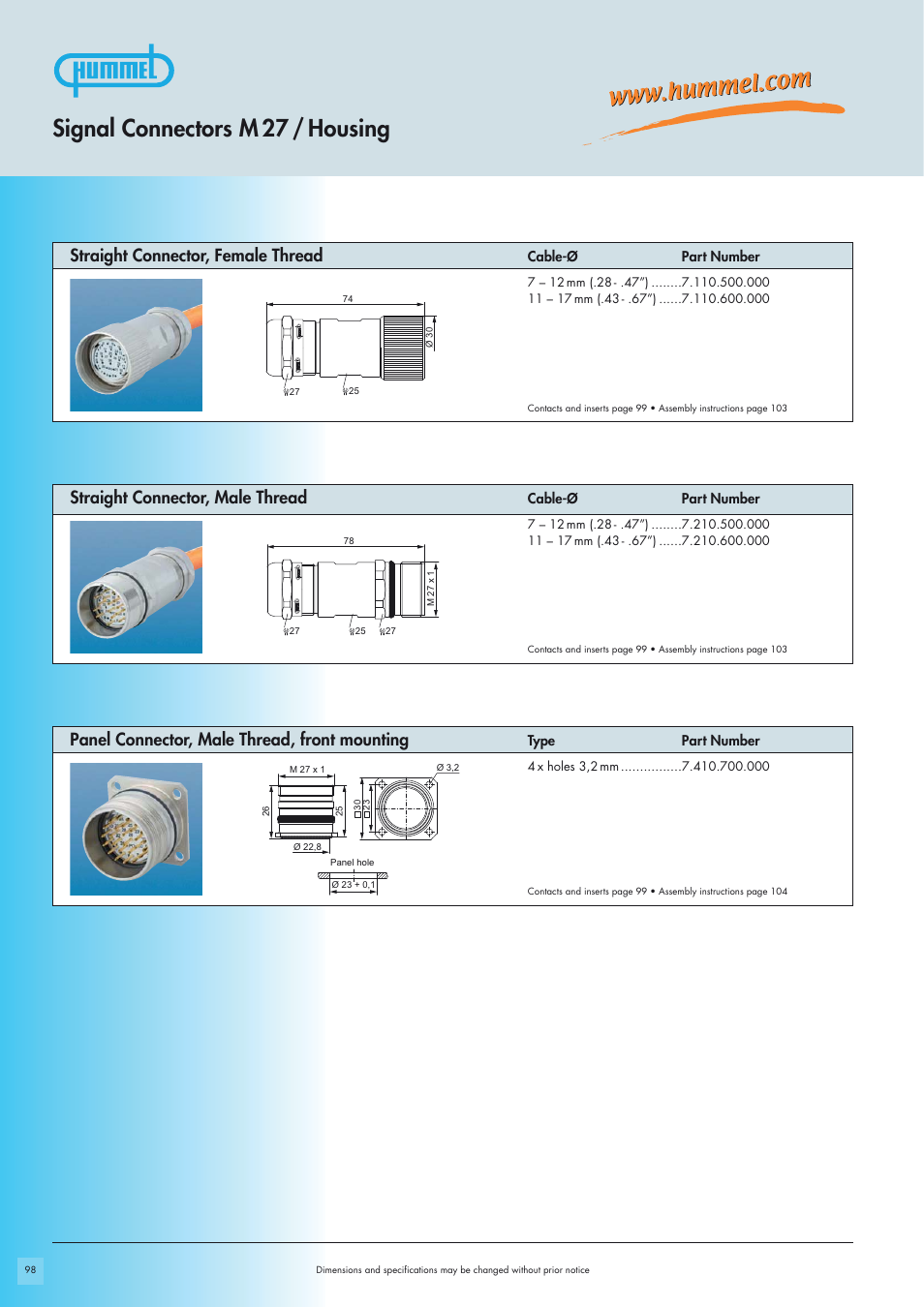 Signal connectors m 27 / housing, Straight connector, male thread, Straight connector, female thread | Panel connector, male thread, front mounting | Northern Connectors Hummel M27 Circular Connectors User Manual | Page 4 / 10