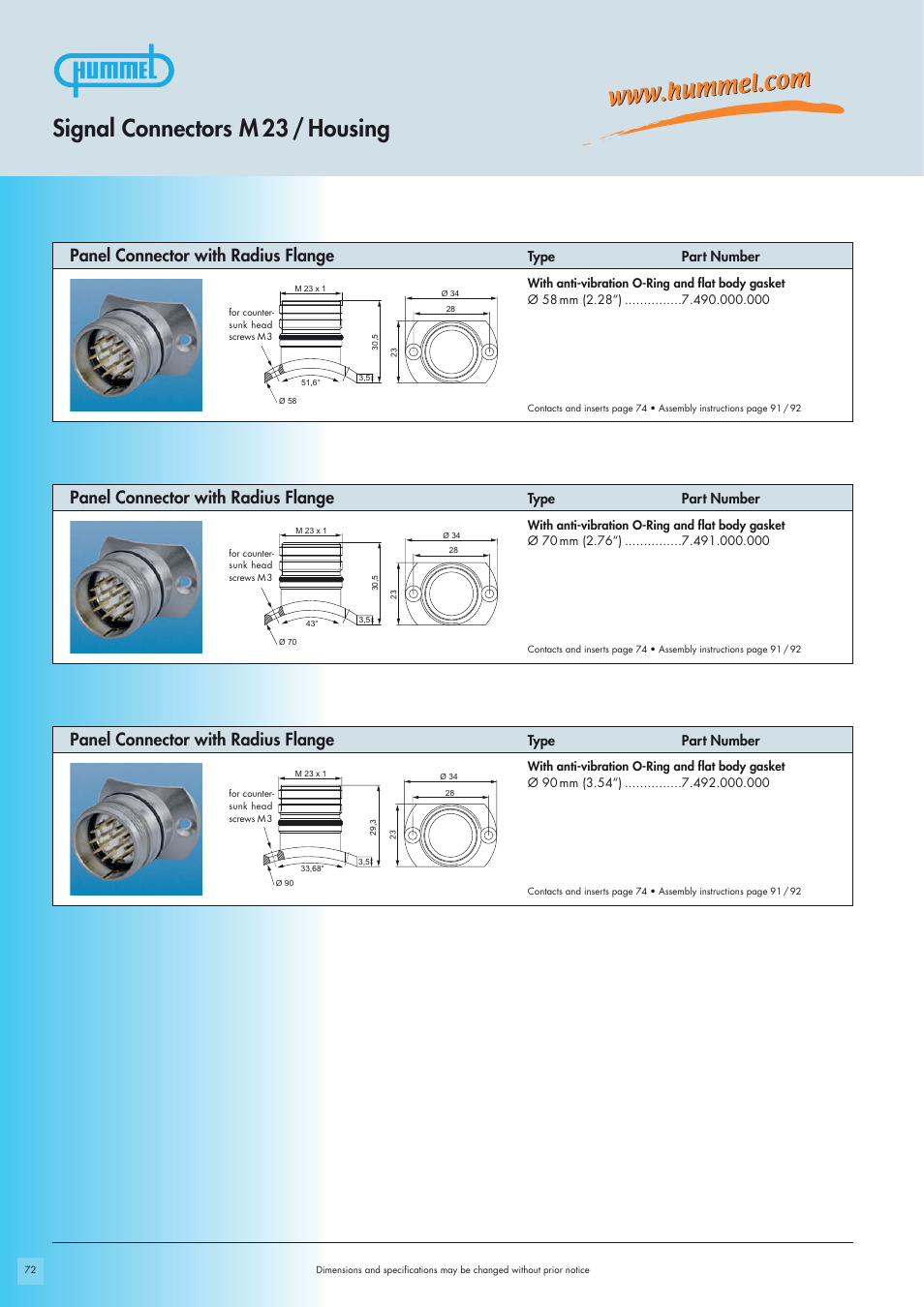 Signal connectors m 23 / housing, Panel connector with radius flange, Type part number | Northern Connectors Hummel M23-Signal - Circular Connectors User Manual | Page 10 / 32