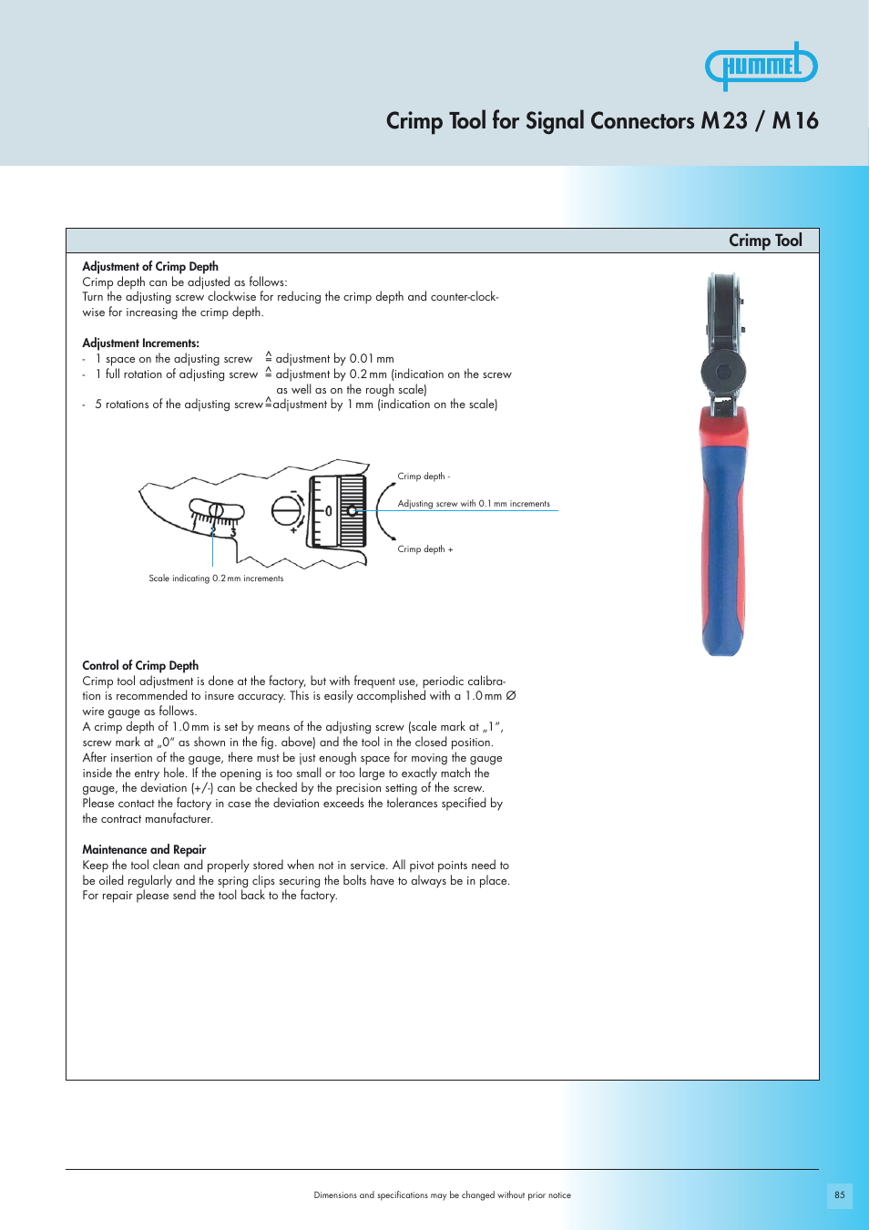 Crimp tool for signal connectors m 23 / m 16, Crimp tool | Northern Connectors Hummel M23-Signal - Circular Connectors User Manual | Page 23 / 32