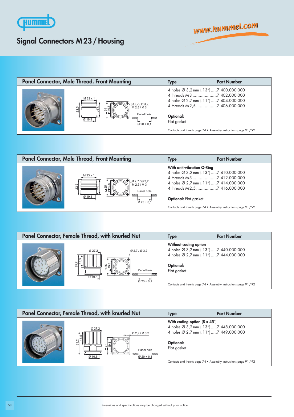 Signal connectors m 23 / housing, Panel connector, female thread, with knurled nut, Panel connector, male thread, front mounting | Northern Connectors Hummel M23-Signal - Circular Connectors User Manual | Page 6 / 32