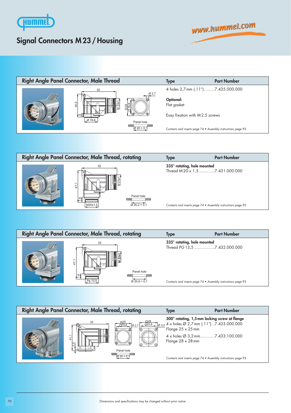 Signal connectors m 23 / housing, Right angle panel connector, male thread, rotating, Right angle panel connector, male thread | Northern Connectors Hummel M23-Signal - Circular Connectors User Manual | Page 8 / 32