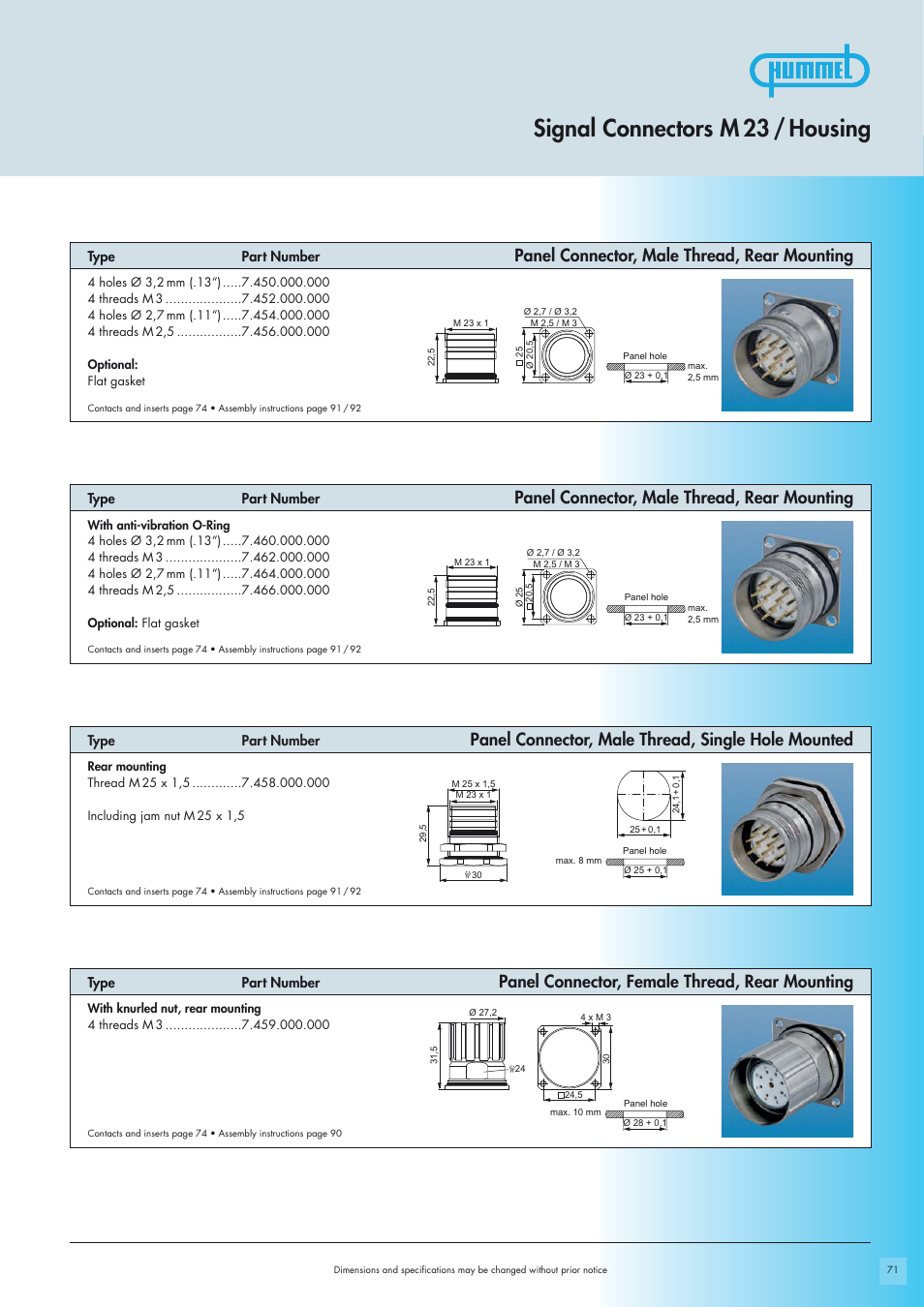 Signal connectors m 23 / housing, Panel connector, male thread, rear mounting, Panel connector, male thread, single hole mounted | Panel connector, female thread, rear mounting | Northern Connectors Hummel M23-Signal - Circular Connectors User Manual | Page 9 / 32