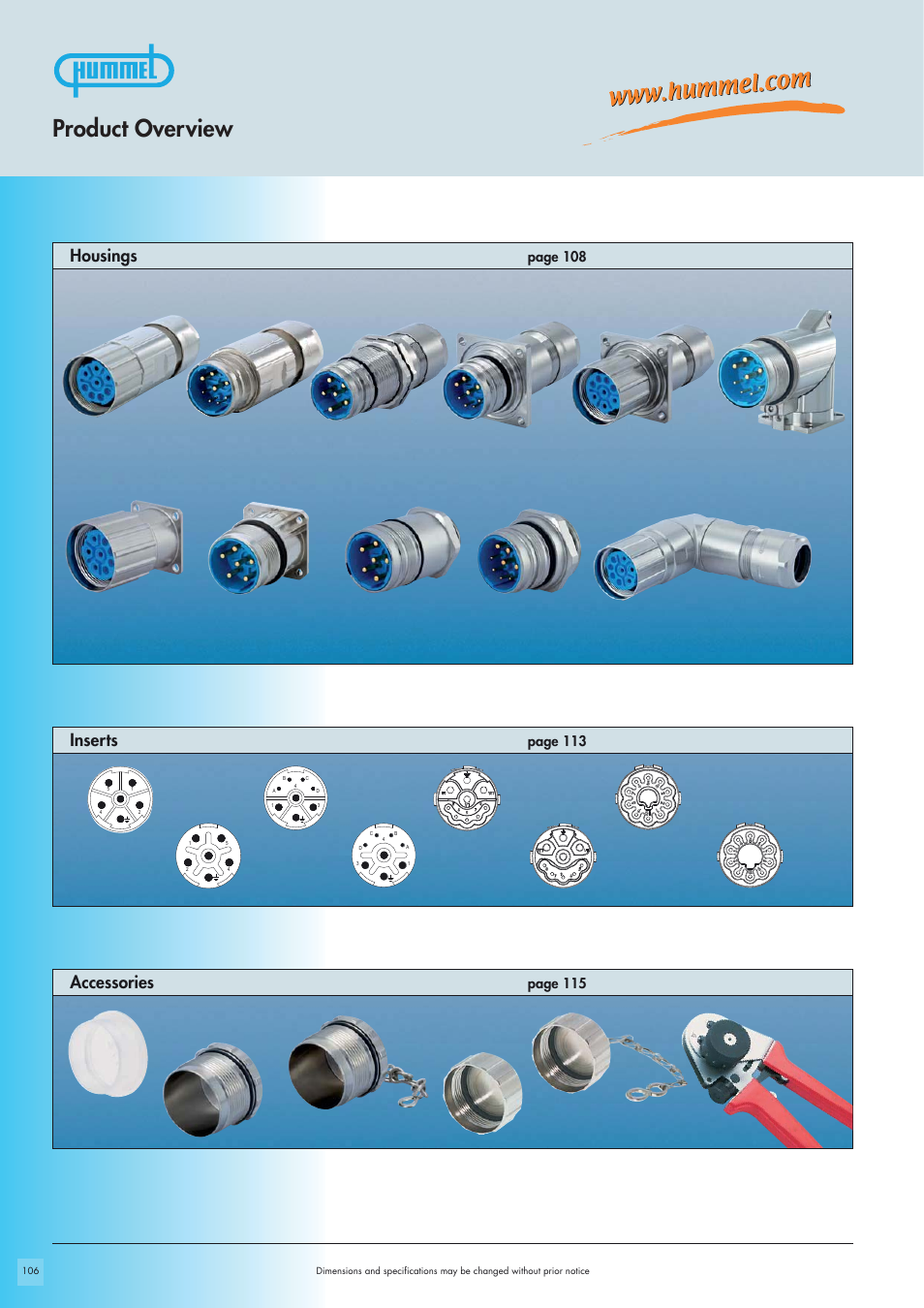 Product overview, Accessories, Inserts | Housings, Page 115, Page 113, Page 108 | Northern Connectors Hummel M23-Power - Circular Connectors User Manual | Page 2 / 24
