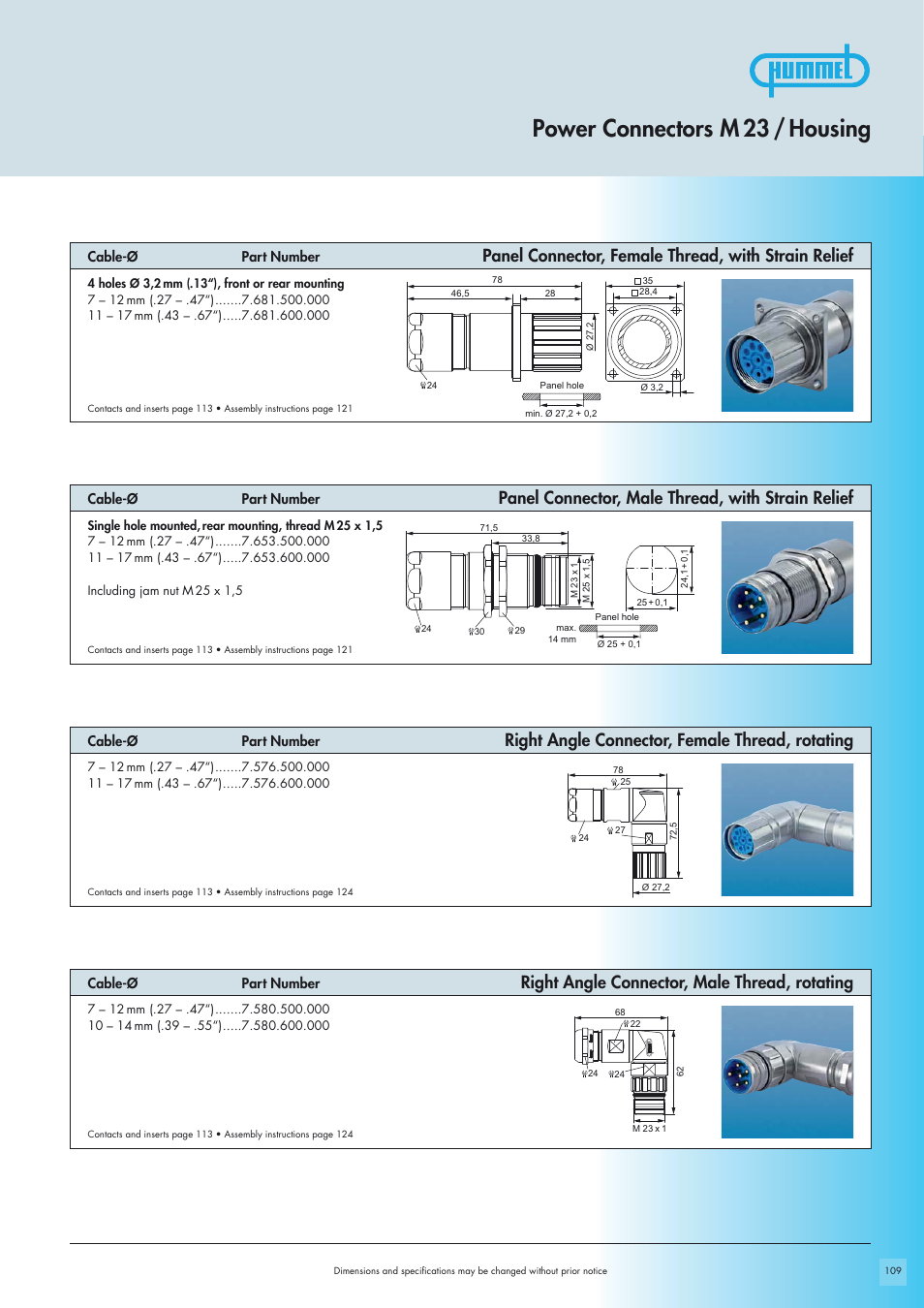Power connectors m 23 / housing, Right angle connector, female thread, rotating, Right angle connector, male thread, rotating | Panel connector, female thread, with strain relief, Panel connector, male thread, with strain relief | Northern Connectors Hummel M23-Power - Circular Connectors User Manual | Page 5 / 24