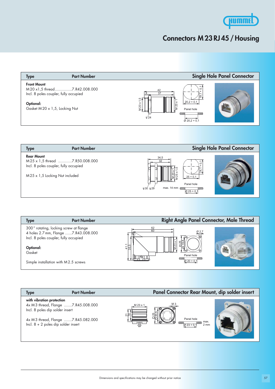 Connectors m 23 rj 45 / housing, Single hole panel connector | Northern Connectors Hummel M23 RJ45 Circular Connectors User Manual | Page 5 / 10