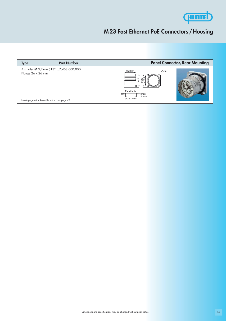 M 23 fast ethernet poe connectors / housing, Panel connector, rear mounting | Northern Connectors Hummel M23 Fast Ethernet PoE Circular Connectors User Manual | Page 5 / 12