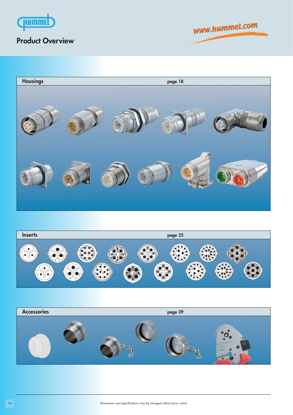 Product overview, Accessories, Inserts | Housings, Page 29 page 22, Page 18 | Northern Connectors Hummel M16 Circular Connectors User Manual | Page 2 / 26