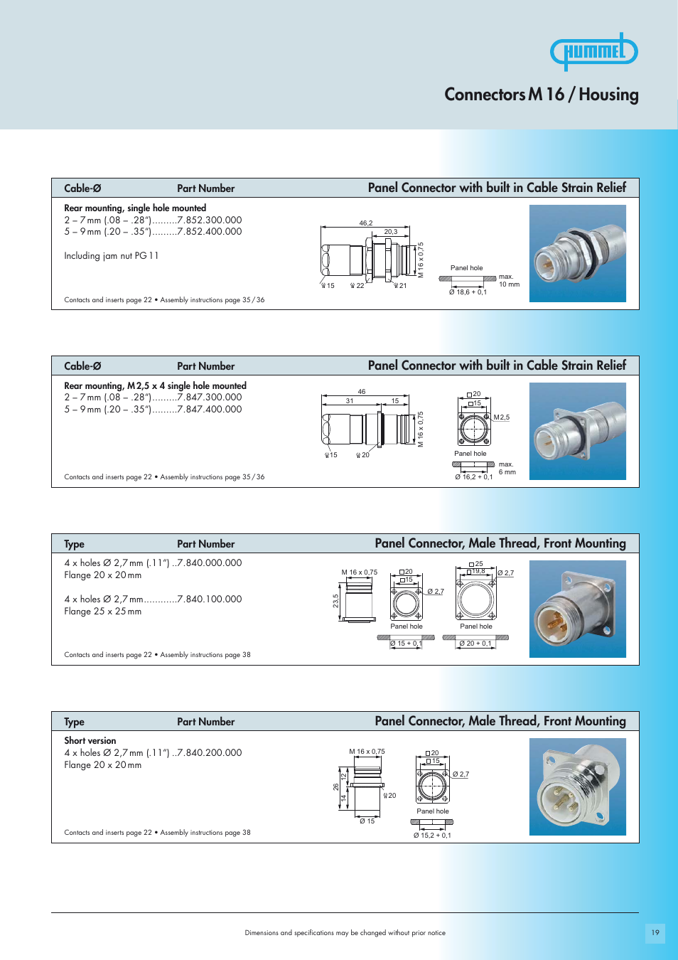 Connectors m 16 / housing, Panel connector with built in cable strain relief, Panel connector, male thread, front mounting | Cable-ø part number cable-ø part number, Type part number | Northern Connectors Hummel M16 Circular Connectors User Manual | Page 5 / 26