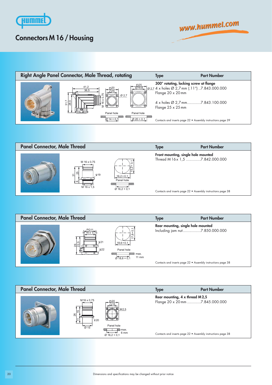 Connectors m 16 / housing, Panel connector, male thread, Right angle panel connector, male thread, rotating | Type part number | Northern Connectors Hummel M16 Circular Connectors User Manual | Page 6 / 26