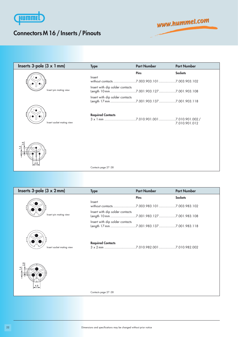 Connectors m 16 / inserts / pinouts, Inserts 3-pole (3 x 2 mm), Inserts 3-pole (3 x 1 mm) | Northern Connectors Hummel M16 Circular Connectors User Manual | Page 8 / 26