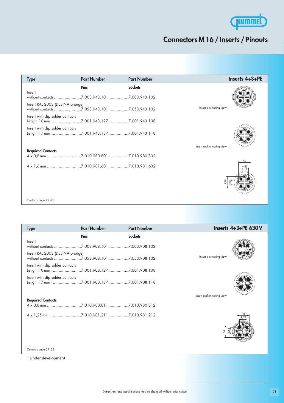 Connectors m 16 / inserts / pinouts, Inserts 4+3+pe | Northern Connectors Hummel M16 Circular Connectors User Manual | Page 9 / 26