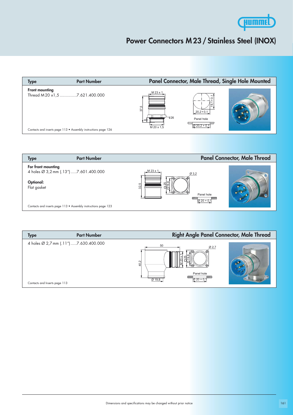 Power connectors m 23 / stainless steel (inox), Panel connector, male thread, single hole mounted, Panel connector, male thread | Right angle panel connector, male thread | Northern Connectors Hummel M23 Stainless Steel Connector Housings User Manual | Page 7 / 10