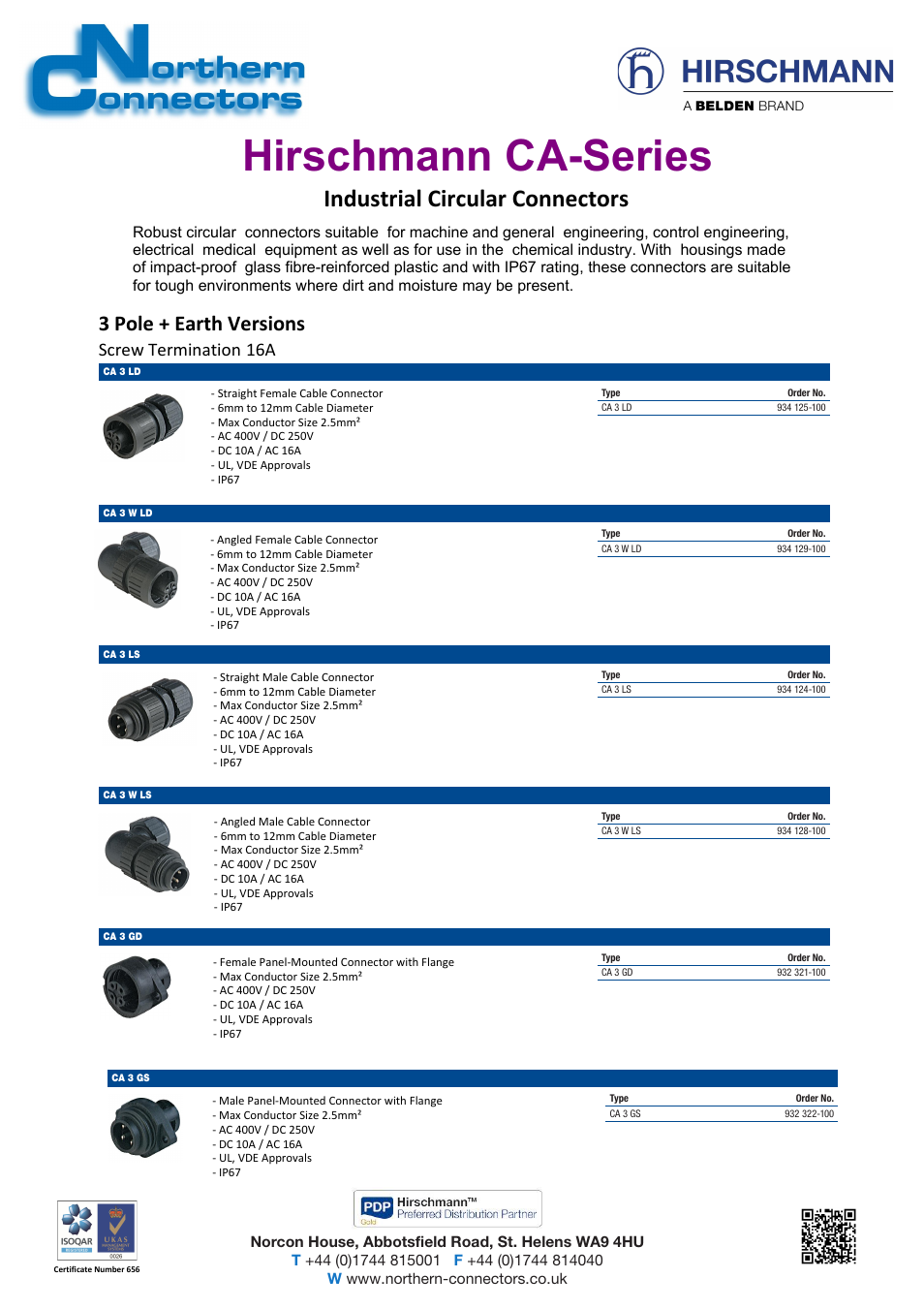 Northern Connectors Hirschmann CA-Series Plastic Screw Locking Circular Connectors User Manual | 2 pages