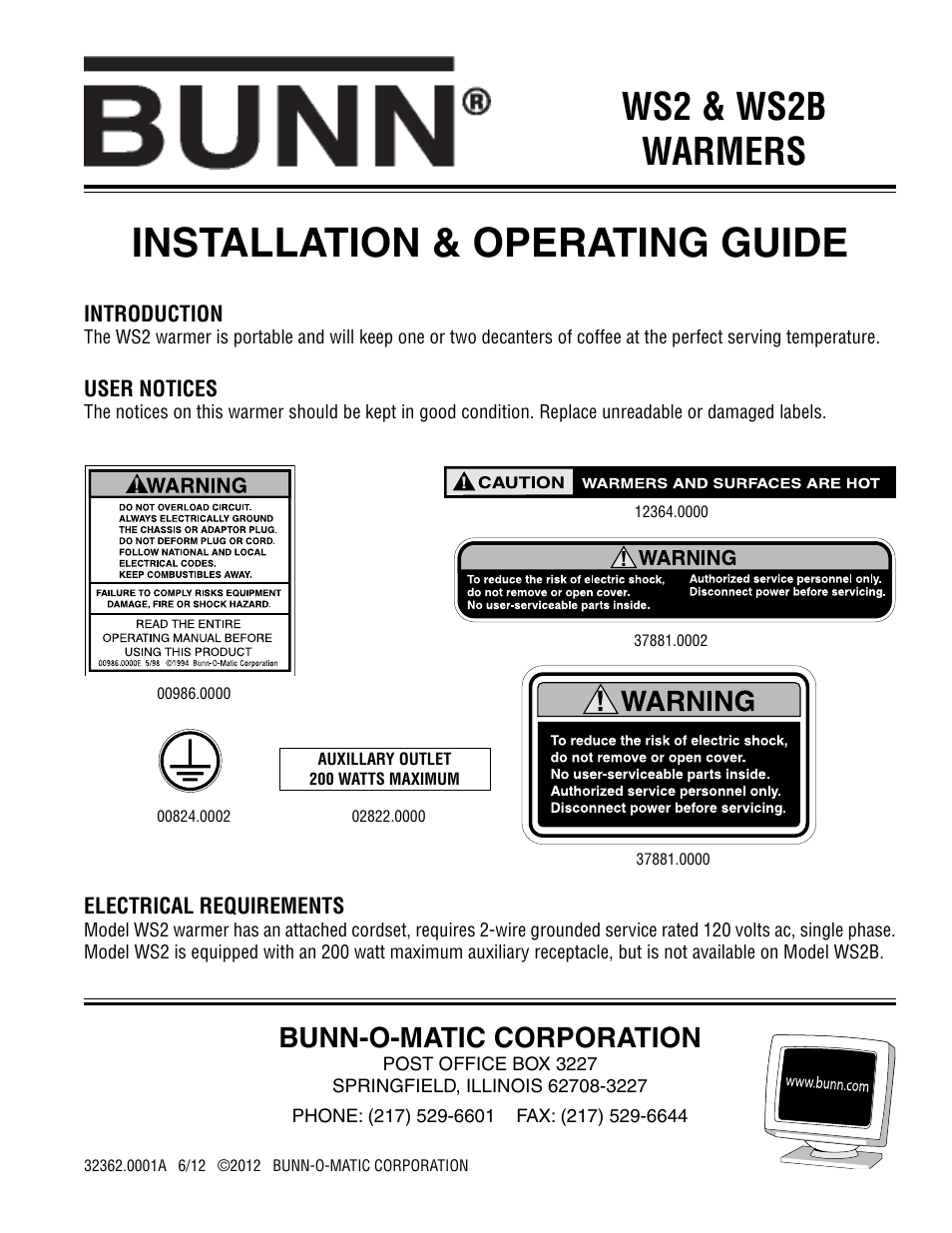 Bunn Warmers WS2 User Manual | 3 pages