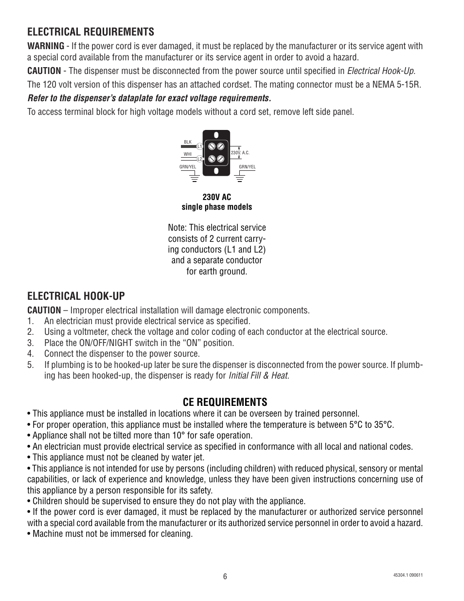 Electrical requirements, Electrical hook-up, Ce requirements | Bunn IMIX 14 User Manual | Page 6 / 17