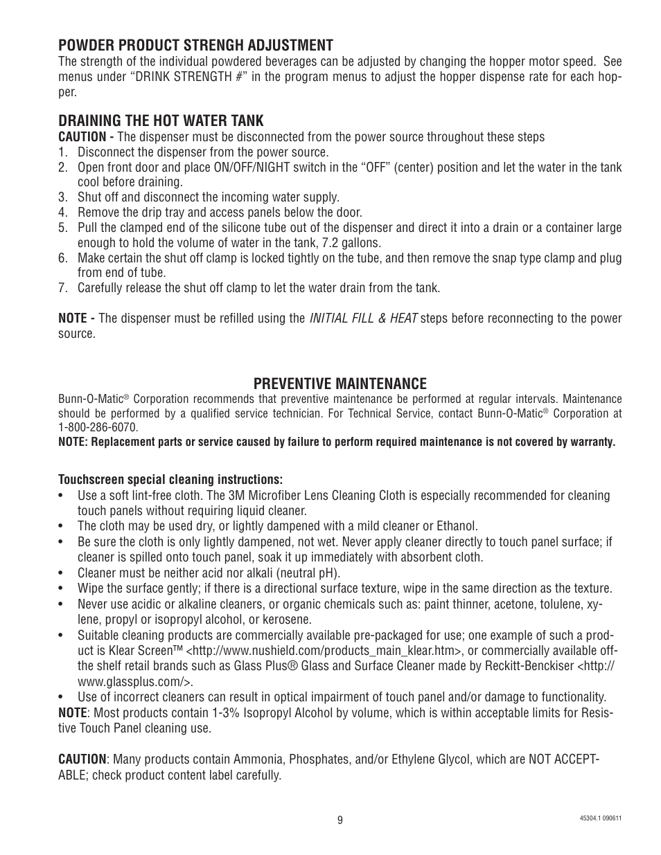 Powder product strengh adjustment, Draining the hot water tank, Preventive maintenance | Bunn IMIX 14 User Manual | Page 9 / 17