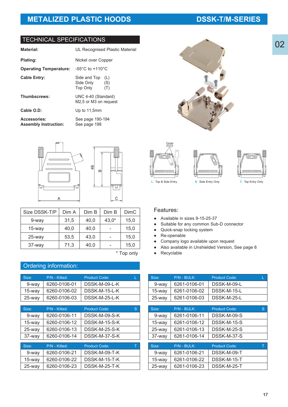 Metalized plastic hoods dssk-t/m-series, Technical specifications ordering information, Features | Northern Connectors D-Sub Metalized Plastic Hoods User Manual | Page 2 / 8