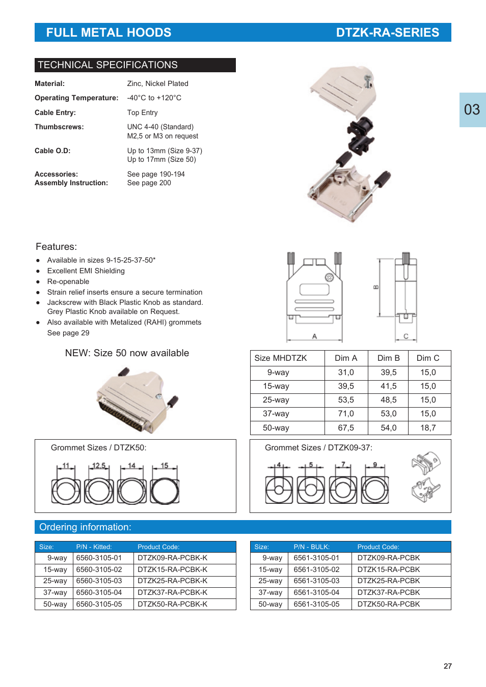 Full metal hoods dtzk-ra-series, Features, New: size 50 now available | Ordering information, Technical specifications | Northern Connectors D-Sub Full Metal Hoods User Manual | Page 4 / 22