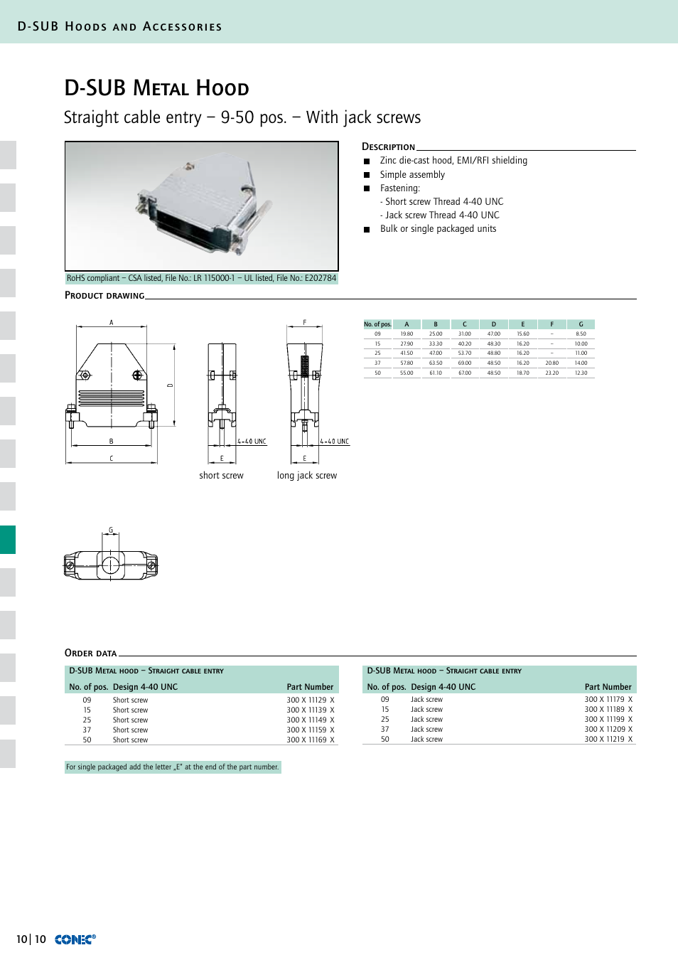D-sub metal hood, D-sub hoods and accessories, Description order data product drawing | Northern Connectors Conec D-Sub Hoods & Accessories User Manual | Page 11 / 54