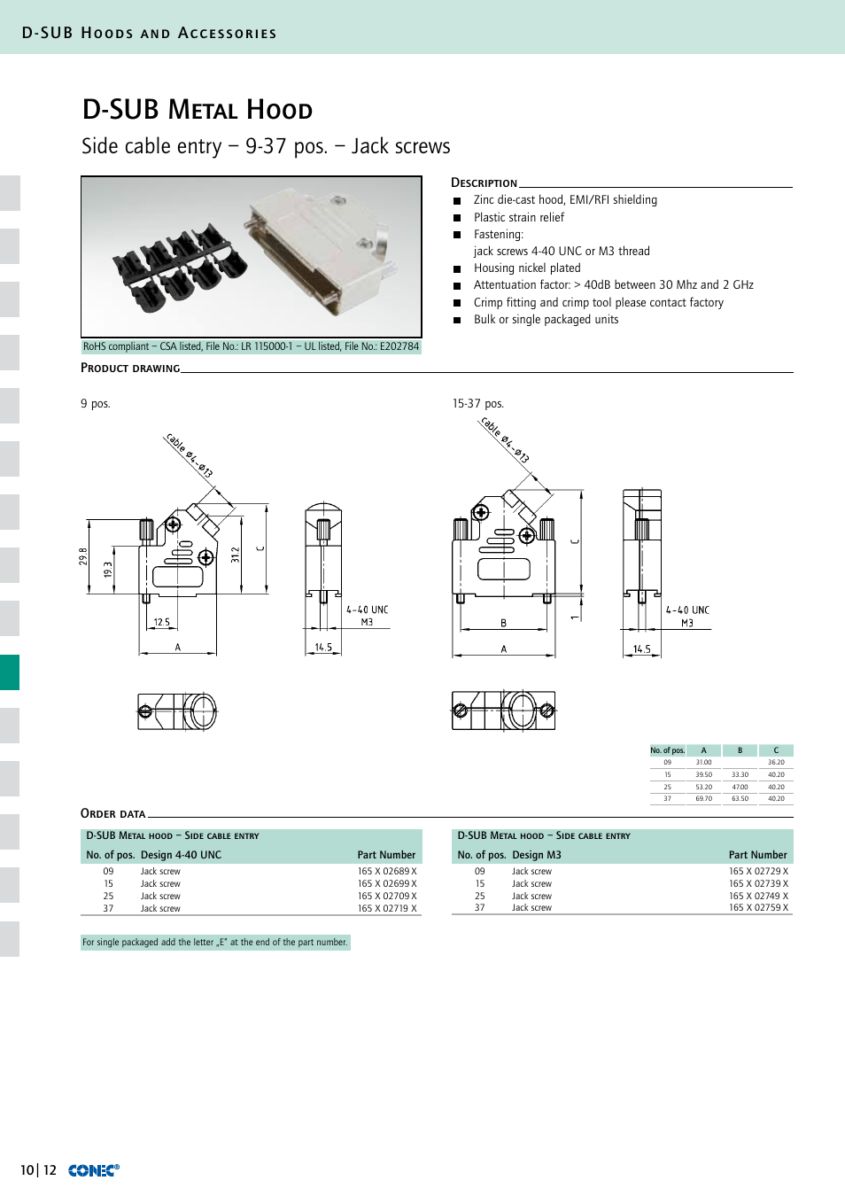D-sub metal hood, Side cable entry – 9-37 pos. – jack screws, D-sub hoods and accessories | Description order data product drawing | Northern Connectors Conec D-Sub Hoods & Accessories User Manual | Page 13 / 54