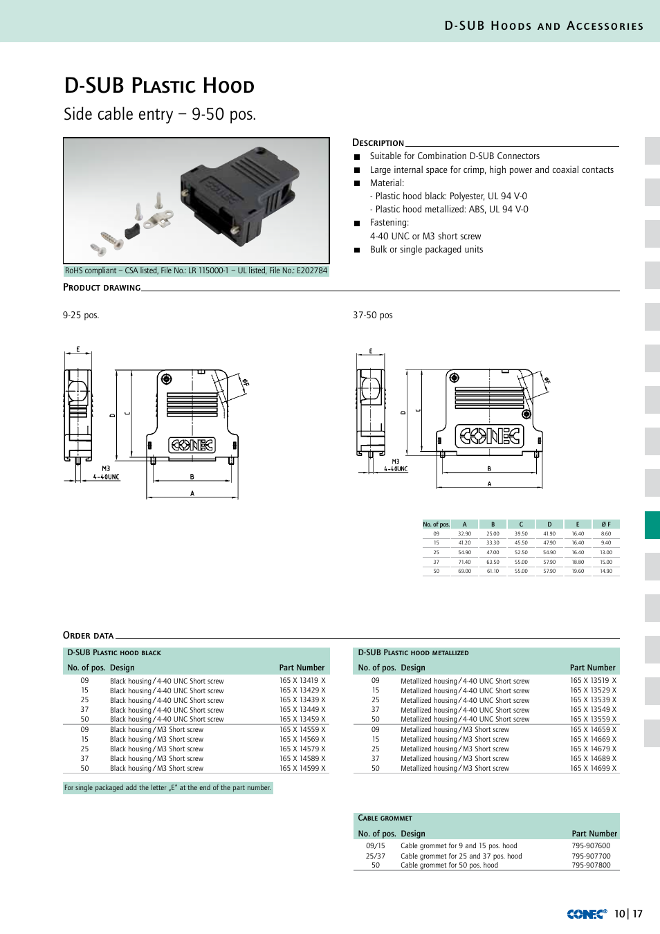 D-sub plastic hood, Side cable entry – 9-50 pos, D-sub hoods and accessories | Description order data product drawing | Northern Connectors Conec D-Sub Hoods & Accessories User Manual | Page 18 / 54