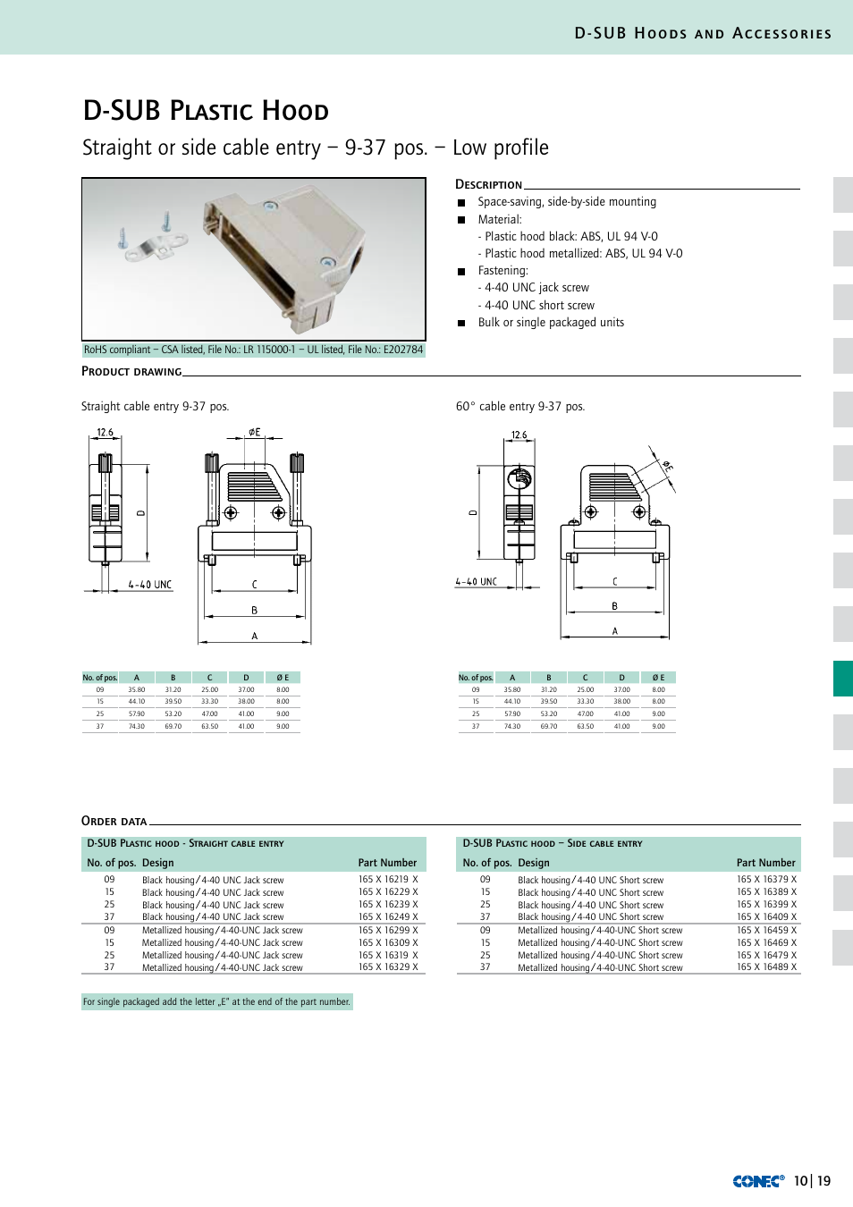 D-sub plastic hood, D-sub hoods and accessories, Description order data product drawing | Northern Connectors Conec D-Sub Hoods & Accessories User Manual | Page 20 / 54