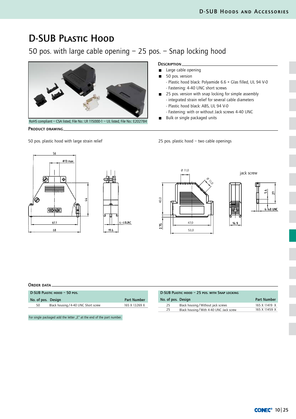 D-sub plastic hood, D-sub hoods and accessories | Northern Connectors Conec D-Sub Hoods & Accessories User Manual | Page 26 / 54