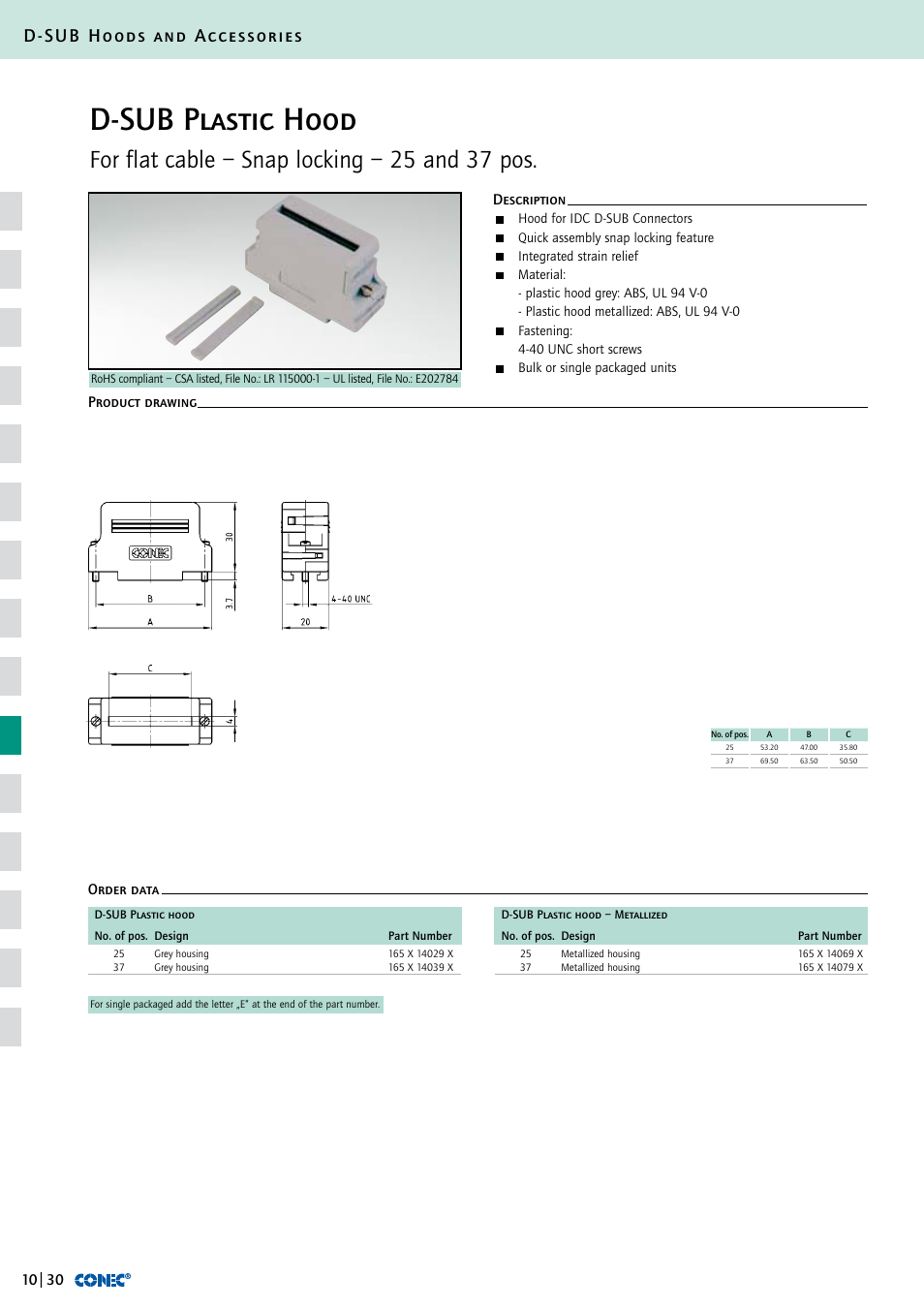D-sub plastic hood, For flat cable – snap locking – 25 and 37 pos, D-sub hoods and accessories | Description order data product drawing | Northern Connectors Conec D-Sub Hoods & Accessories User Manual | Page 31 / 54