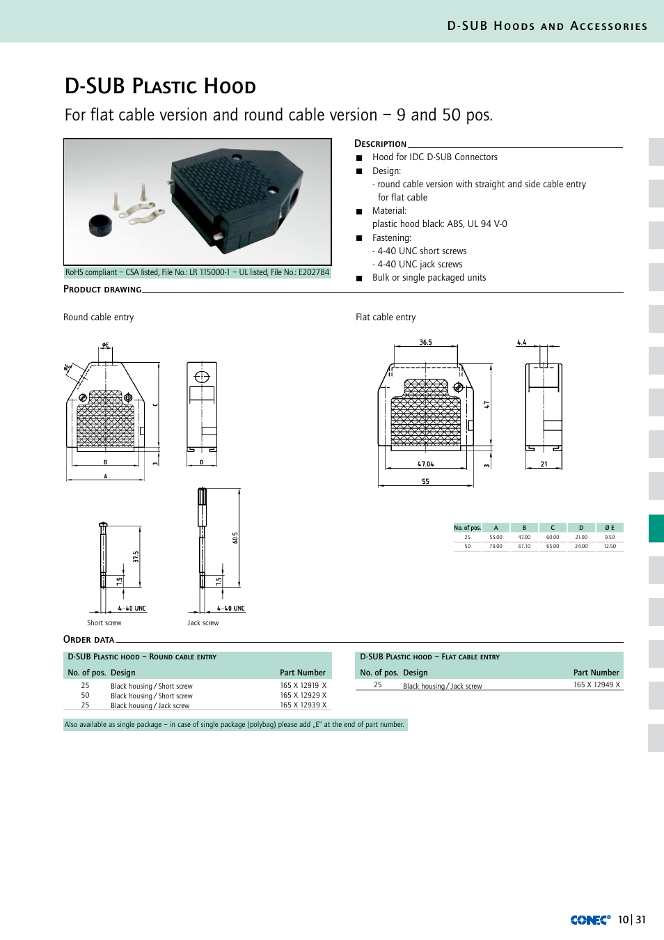 D-sub plastic hood, D-sub hoods and accessories, Description order data product drawing | Northern Connectors Conec D-Sub Hoods & Accessories User Manual | Page 32 / 54