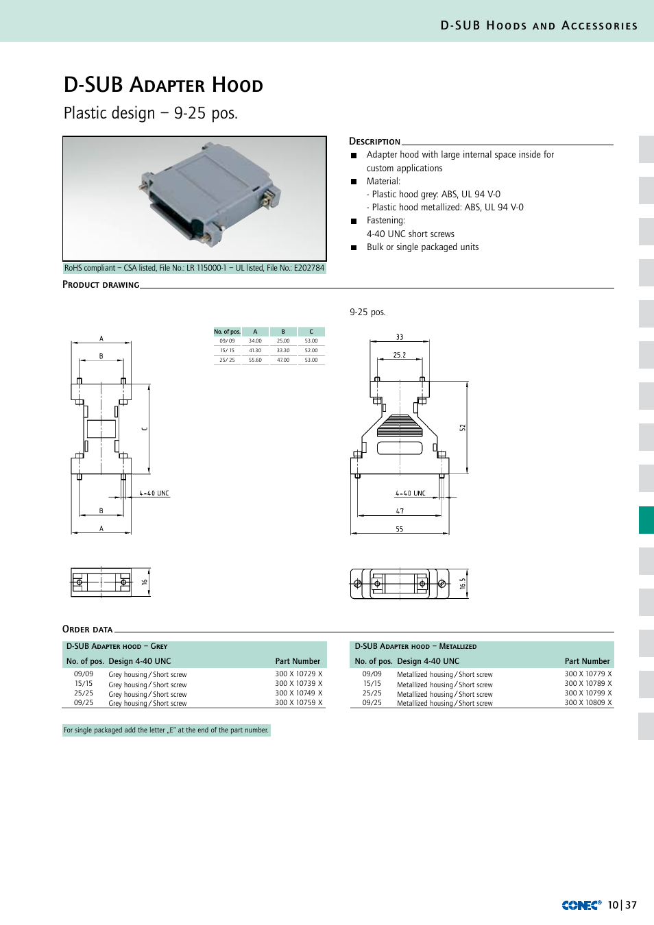 D-sub adapter hood, Plastic design – 9-25 pos, D-sub hoods and accessories | Description order data product drawing | Northern Connectors Conec D-Sub Hoods & Accessories User Manual | Page 38 / 54