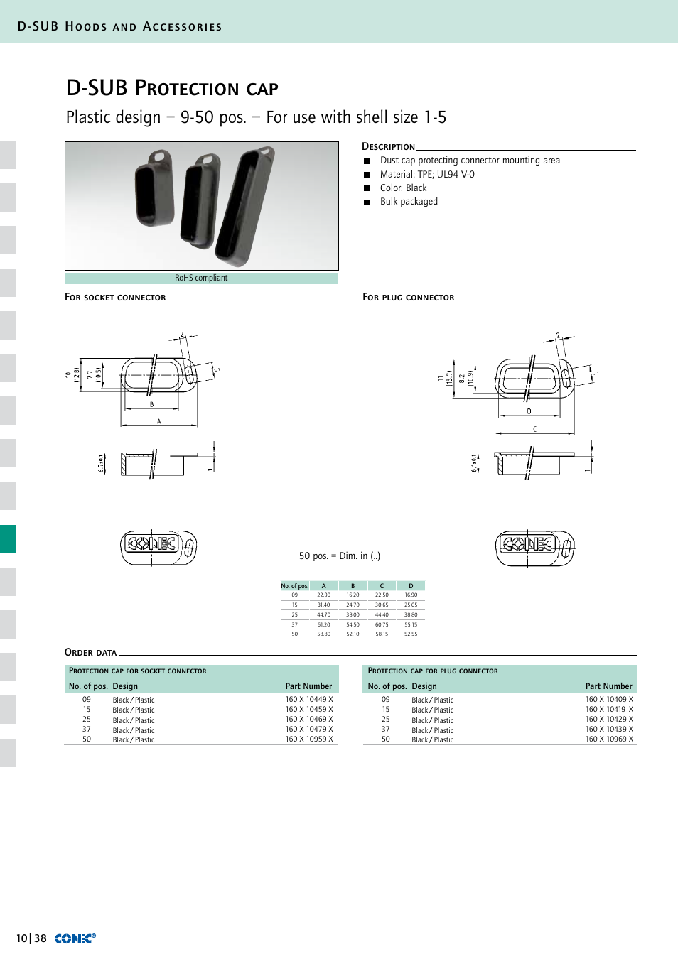 D-sub protection cap, D-sub hoods and accessories | Northern Connectors Conec D-Sub Hoods & Accessories User Manual | Page 39 / 54