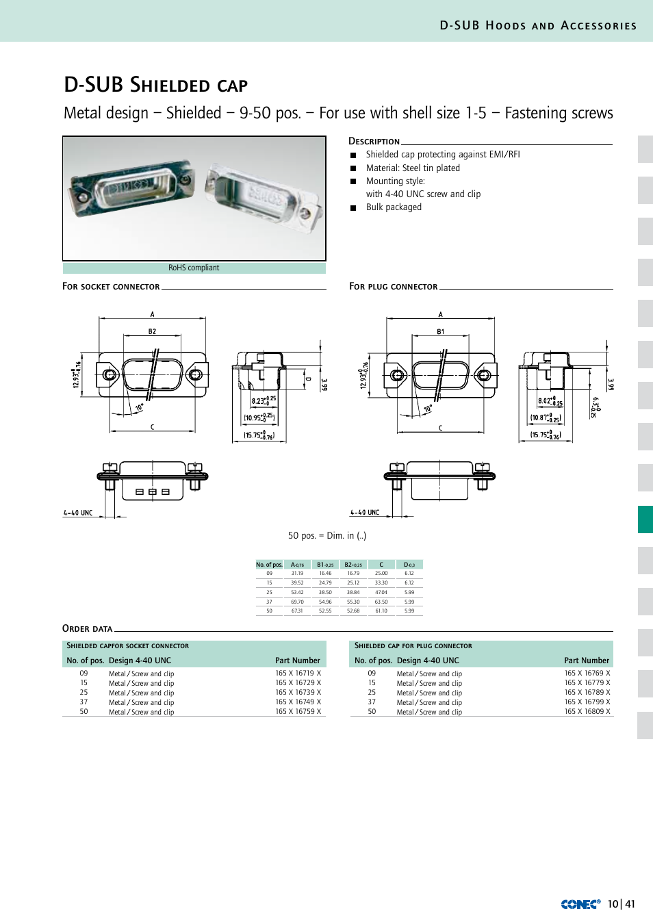D-sub shielded cap, D-sub hoods and accessories, For socket connector for plug connector | Description order data | Northern Connectors Conec D-Sub Hoods & Accessories User Manual | Page 42 / 54