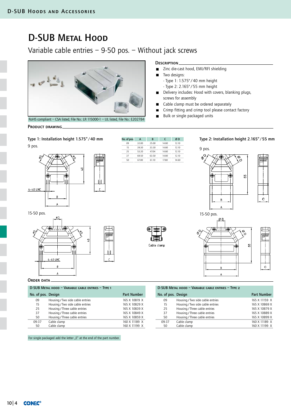 D-sub metal hood, D-sub hoods and accessories, Description order data product drawing | Northern Connectors Conec D-Sub Hoods & Accessories User Manual | Page 5 / 54