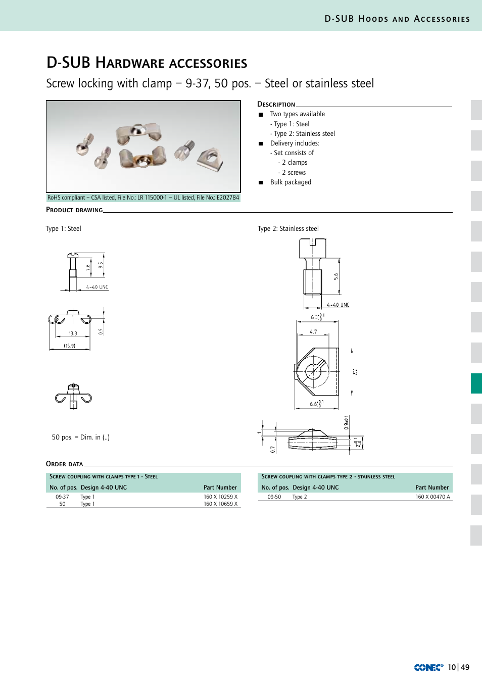 D-sub hardware accessories, D-sub hoods and accessories | Northern Connectors Conec D-Sub Hoods & Accessories User Manual | Page 50 / 54