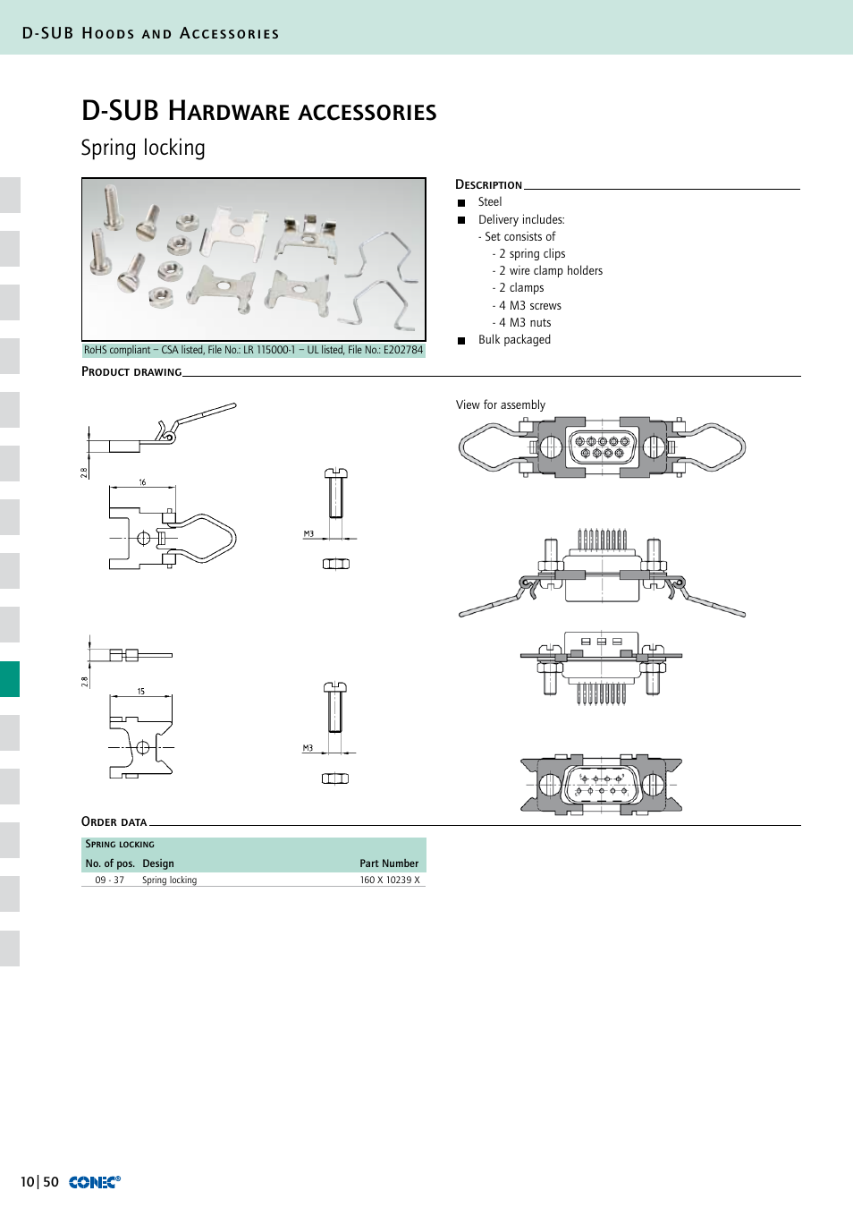 D-sub hardware accessories, Spring locking, D-sub hoods and accessories | Northern Connectors Conec D-Sub Hoods & Accessories User Manual | Page 51 / 54