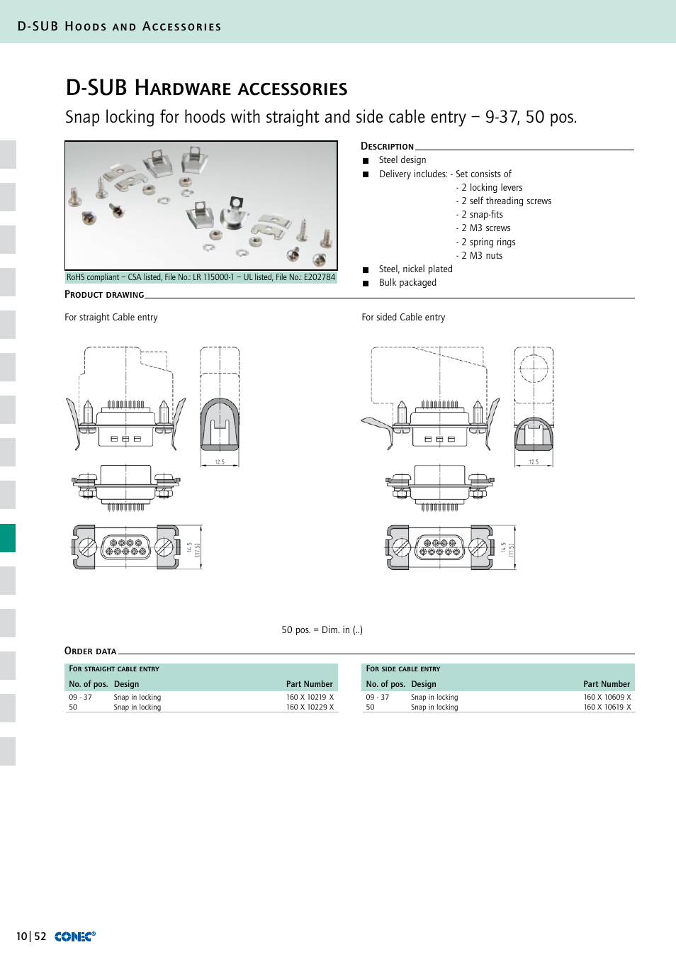 D-sub hardware accessories, D-sub hoods and accessories | Northern Connectors Conec D-Sub Hoods & Accessories User Manual | Page 53 / 54