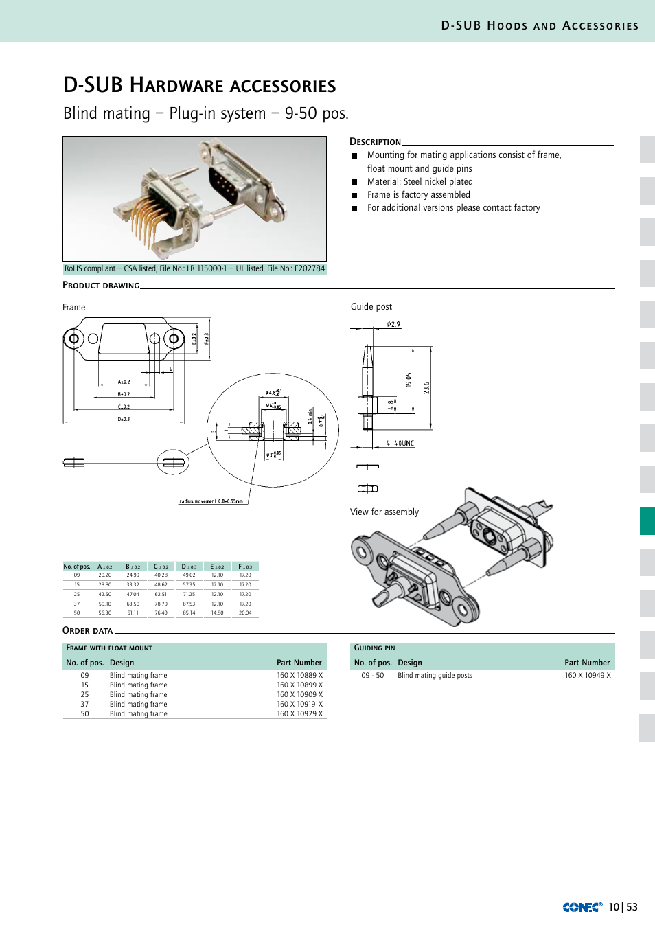 D-sub hardware accessories, Blind mating – plug-in system – 9-50 pos, D-sub hoods and accessories | Description order data product drawing, Material: steel nickel plated, Frame is factory assembled, For additional versions please contact factory, Frame, Guide post view for assembly | Northern Connectors Conec D-Sub Hoods & Accessories User Manual | Page 54 / 54