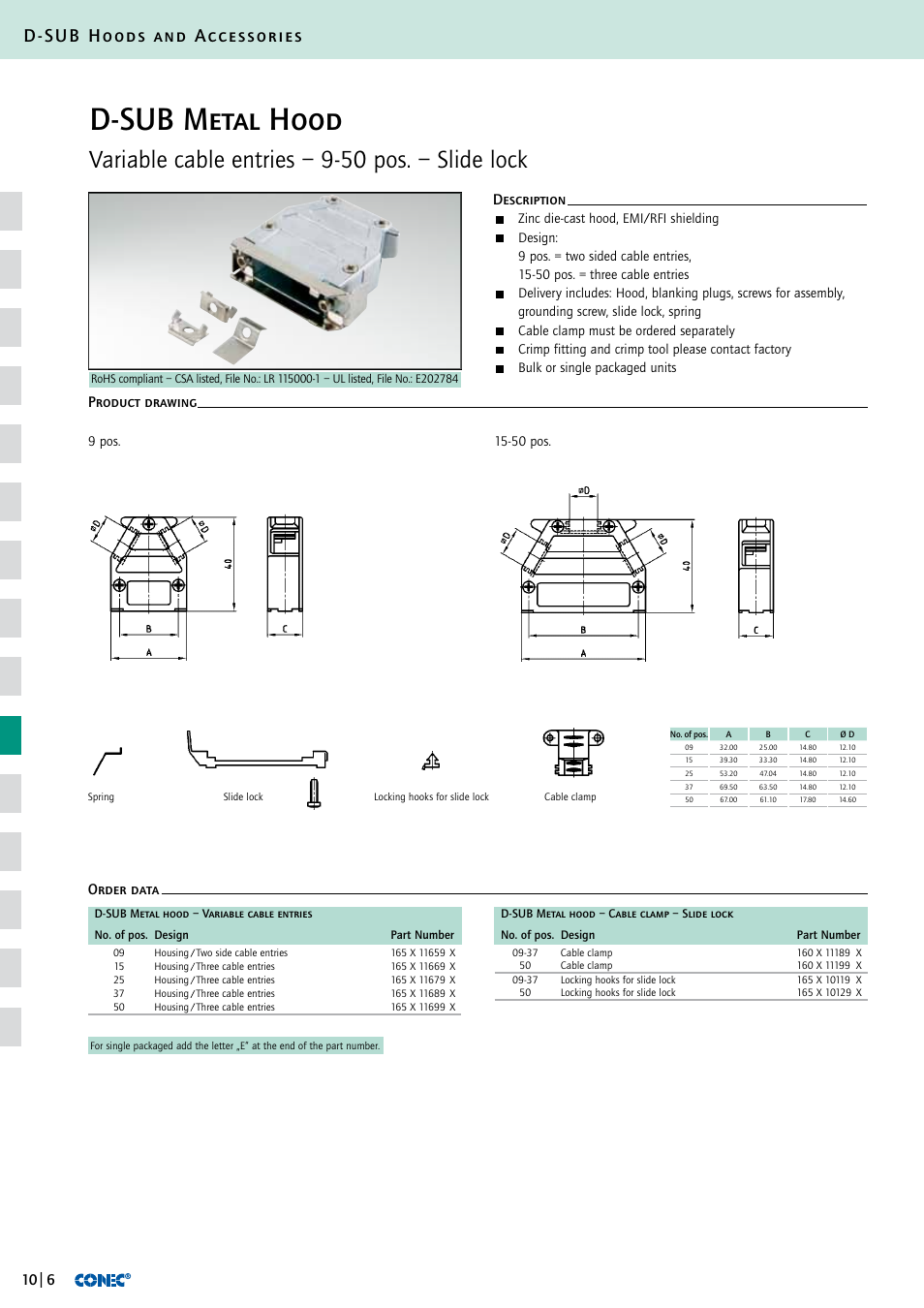 D-sub metal hood, Variable cable entries – 9-50 pos. – slide lock, D-sub hoods and accessories | Description order data product drawing | Northern Connectors Conec D-Sub Hoods & Accessories User Manual | Page 7 / 54