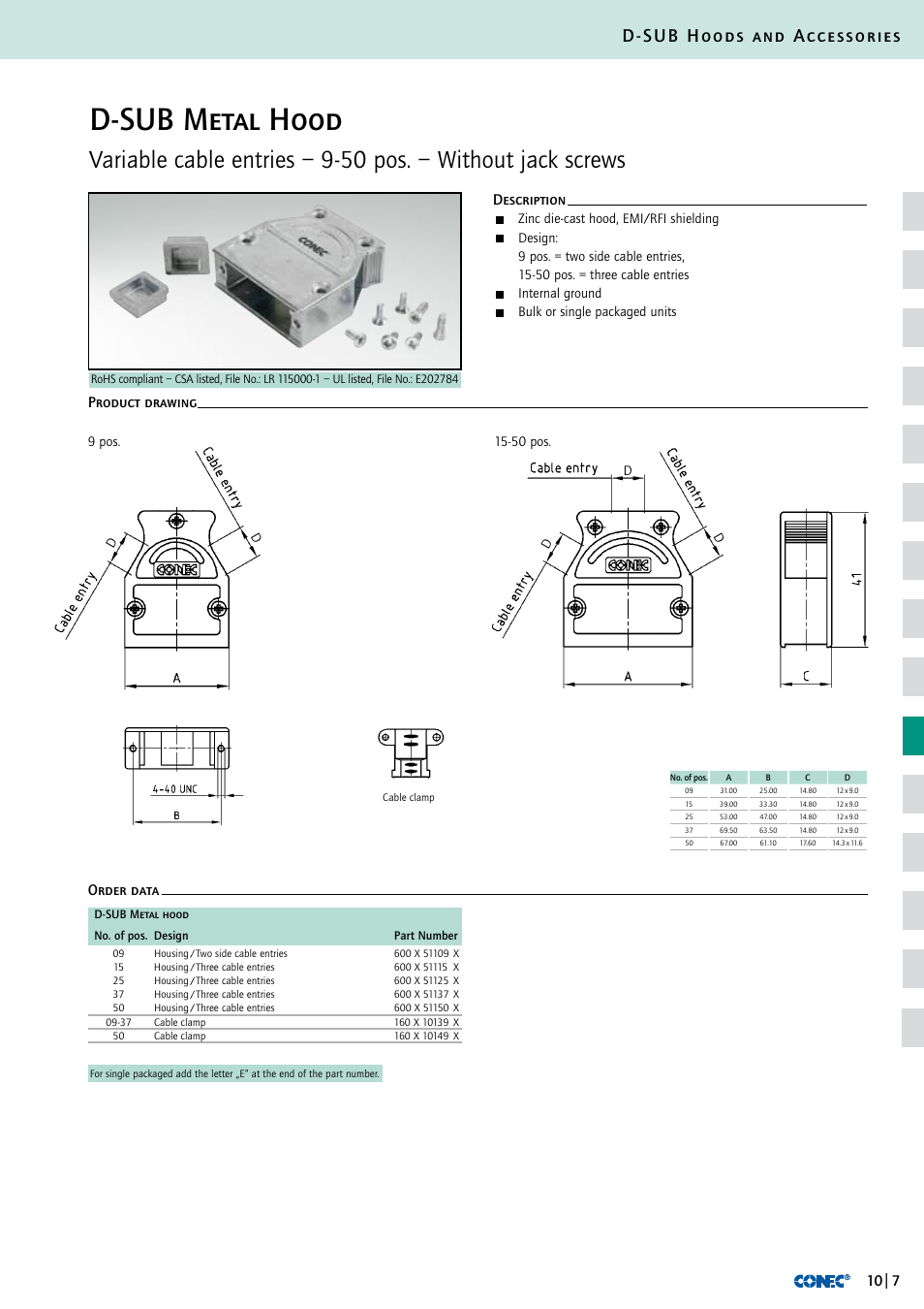 D-sub metal hood, D-sub hoods and accessories, Description order data product drawing | Northern Connectors Conec D-Sub Hoods & Accessories User Manual | Page 8 / 54