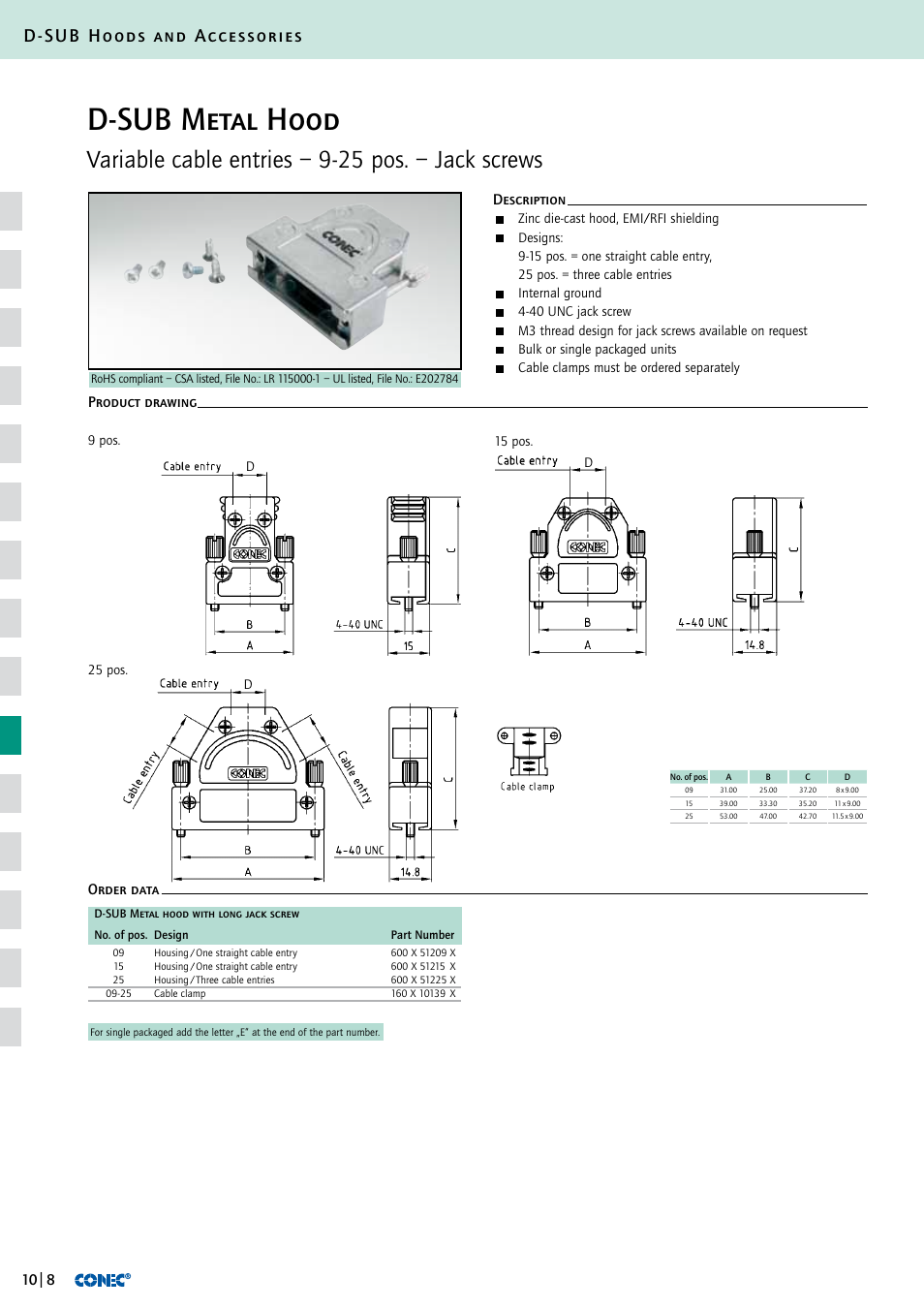 D-sub metal hood, Variable cable entries – 9-25 pos. – jack screws, D-sub hoods and accessories | Description order data product drawing | Northern Connectors Conec D-Sub Hoods & Accessories User Manual | Page 9 / 54