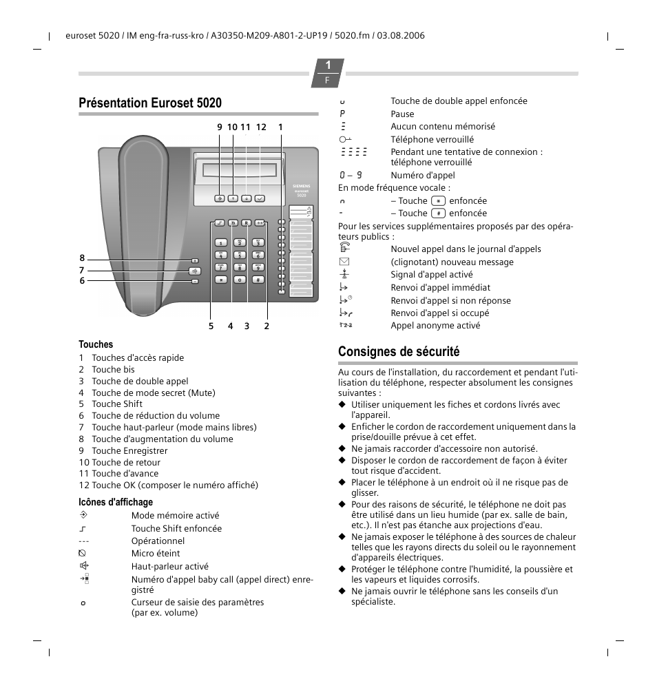 Présentation euroset 5020, Consignes de sécurité | Siemens Euroset 5020 User Manual | Page 10 / 43