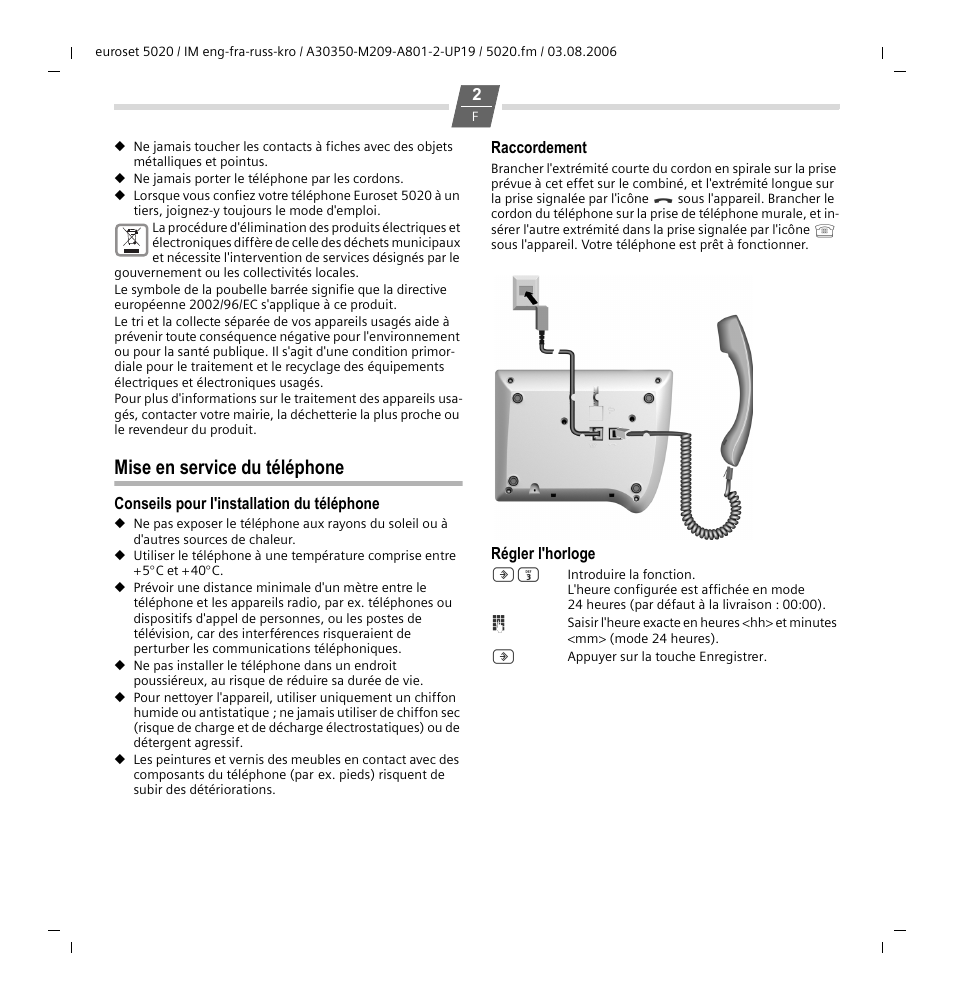 Mise en service du téléphone | Siemens Euroset 5020 User Manual | Page 11 / 43