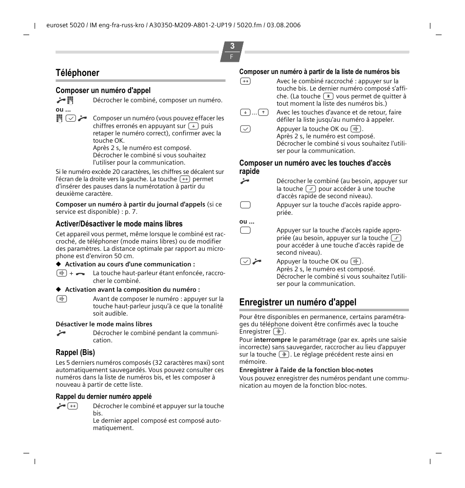 Téléphoner, Enregistrer un numéro d'appel | Siemens Euroset 5020 User Manual | Page 12 / 43