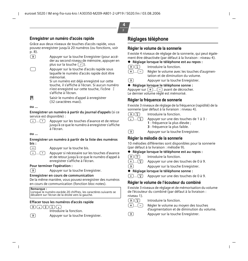 Réglages téléphone | Siemens Euroset 5020 User Manual | Page 13 / 43