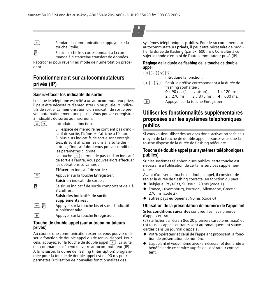 Fonctionnement sur autocommutateurs privés (ip) | Siemens Euroset 5020 User Manual | Page 15 / 43