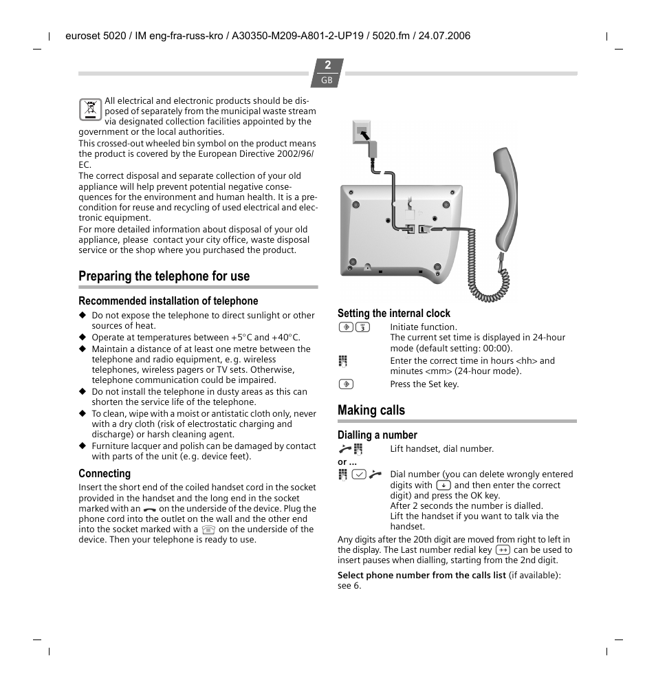 Preparing the telephone for use, Recommended installation of telephone, Connecting | Setting the internal clock, Making calls, Dialling a number | Siemens Euroset 5020 User Manual | Page 2 / 43