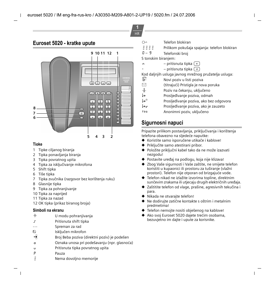 Euroset 5020 - kratke upute, Sigurnosni napuci | Siemens Euroset 5020 User Manual | Page 31 / 43