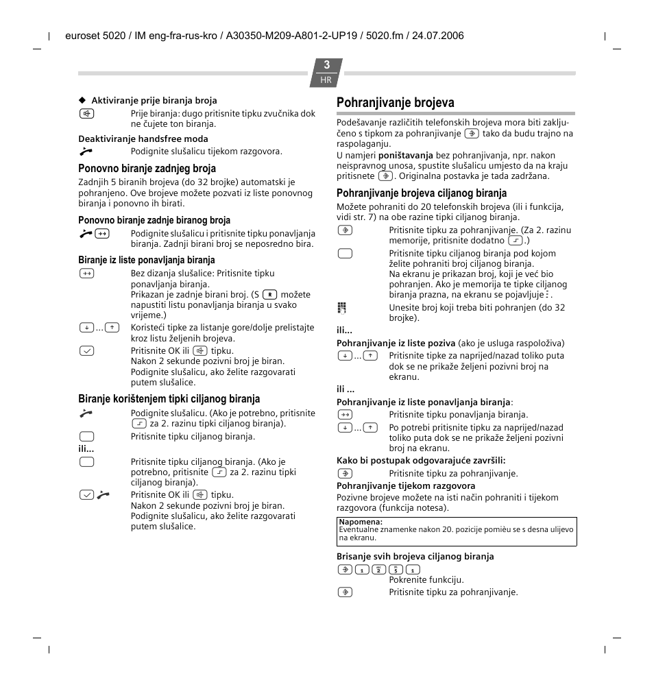 Pohranjivanje brojeva | Siemens Euroset 5020 User Manual | Page 33 / 43